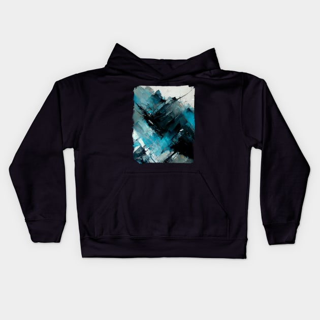 Abstract painting in cyan, blue gray and black Kids Hoodie by Hector Navarro